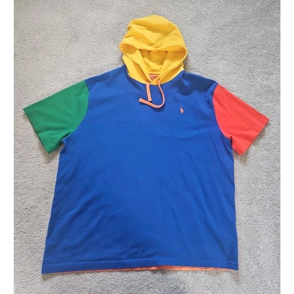 Polo Ralph Lauren Hoodie Shirt Men's XL Pullover Hood Color Block Blue Green